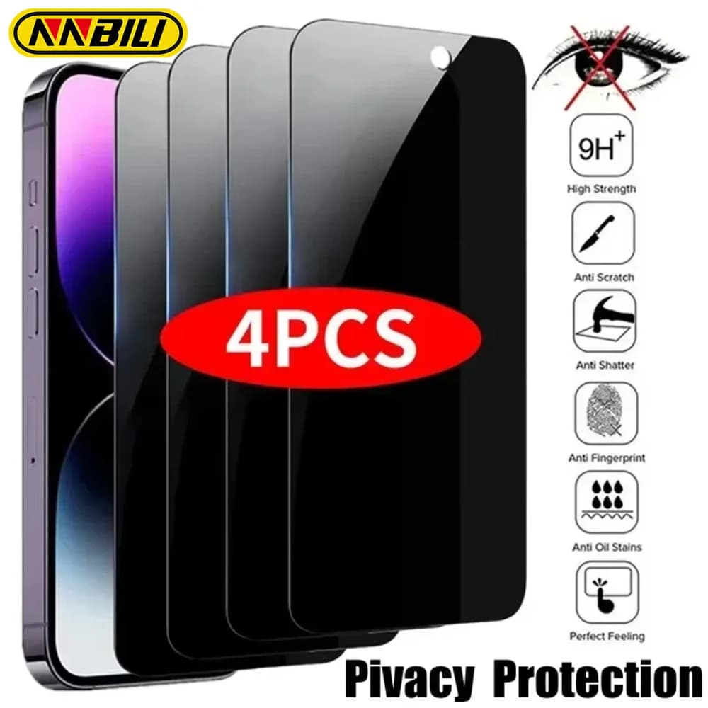 NNBILI 4Pcs Full Cover Privacy Screen Protector For iPhone 11 12 13 14 15 16 17 18 Pro Max Anti-spy Glass For iPhone 18Pro Glass