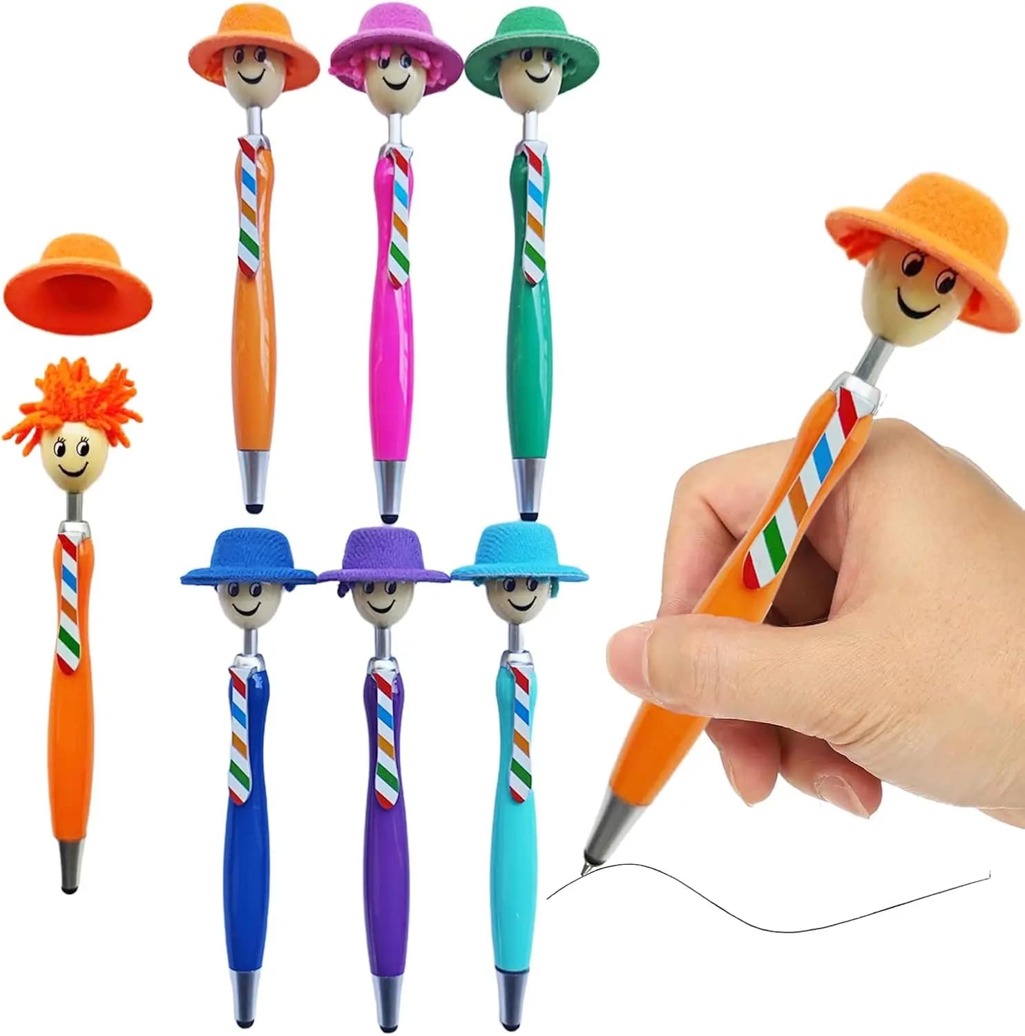 1/6 pezzi di penna a sfera con testa per mop, penna per mop con cappello, penna a sfera creativa in peluche con punta divertente, adatta per ufficio e scuola