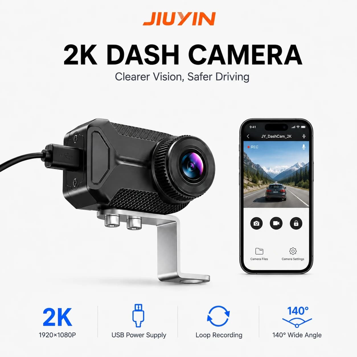 JIUYIN 2K Motorcycle Dash Cam 140° WiFi Waterproof Loop Recording USB Port Connect Record Smartphone Live View Motorbike DVR NEW
