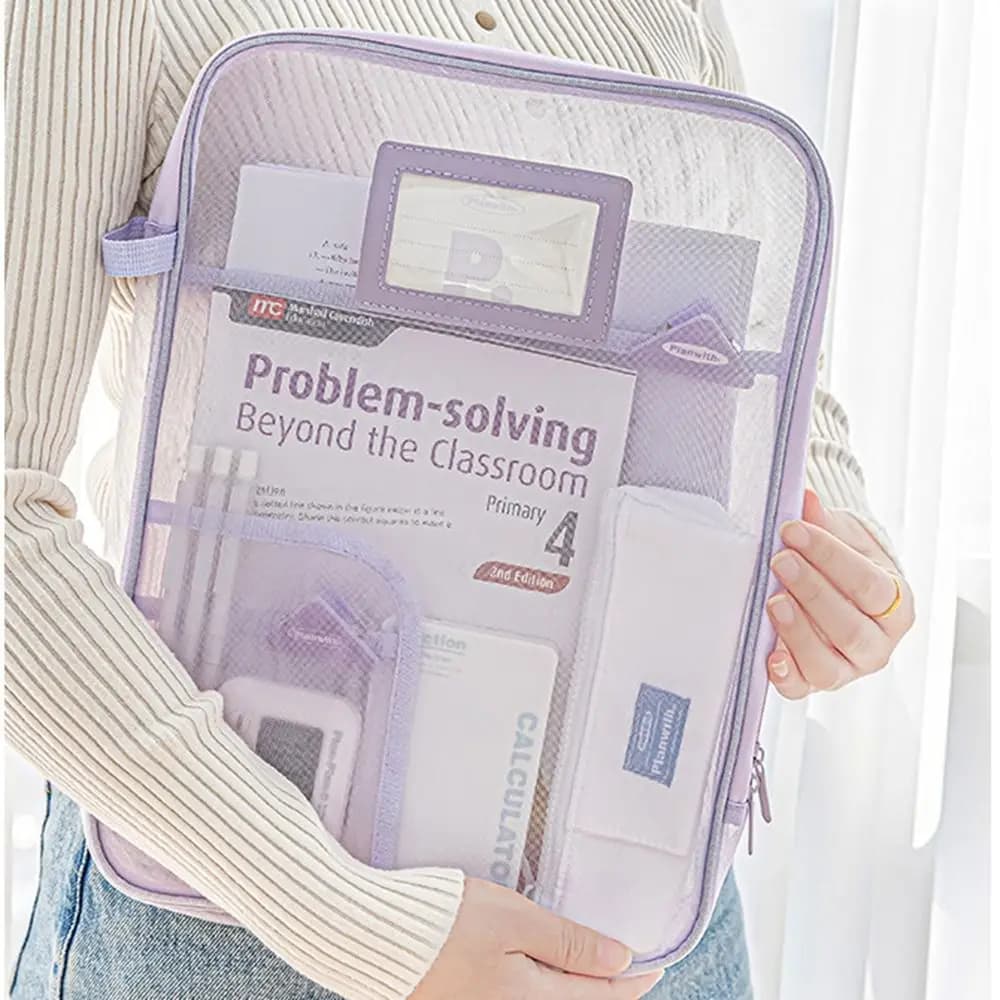 Borsa portadocumenti in rete di nylon A4, multifunzionale, tinta unita, con cerniera trasparente, borsa portadocumenti trasparente di grande capacità, per studenti