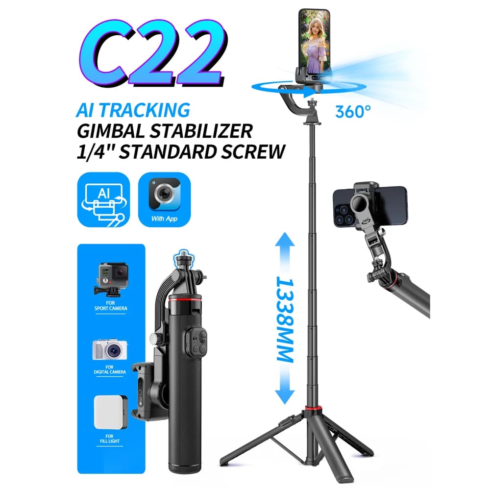 Stabilizzatore cardanico portatile AI Face Tracking 360 ° Shoot, treppiede magnetico per selfie stick remoto per smartphone, vite da 1/4'' per fotocamera