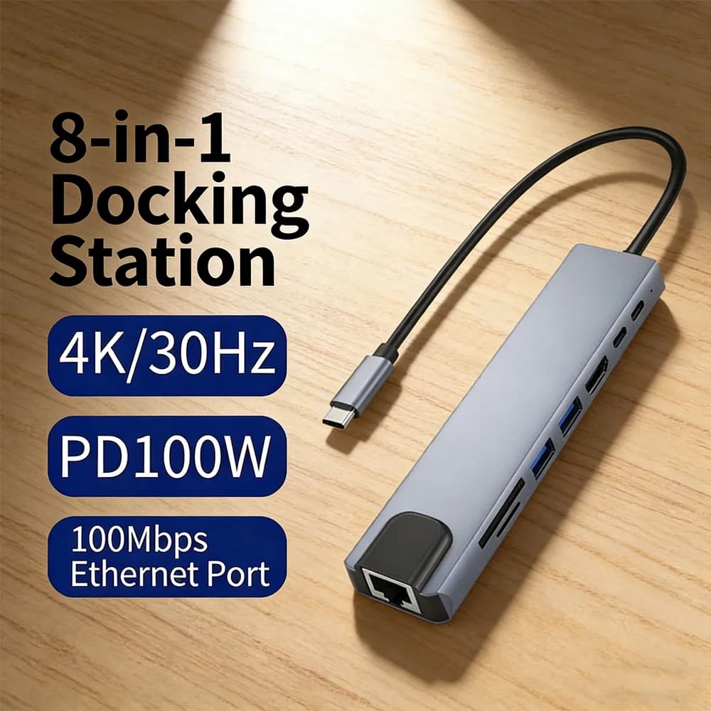 Docking Station USB-C 8-in-1 – HDMI 4K, Ricarica Rapida PD 100W, Ethernet Gigabit, 2xUSB, Lettore Schede SD/TF (Compatibile con Laptop)