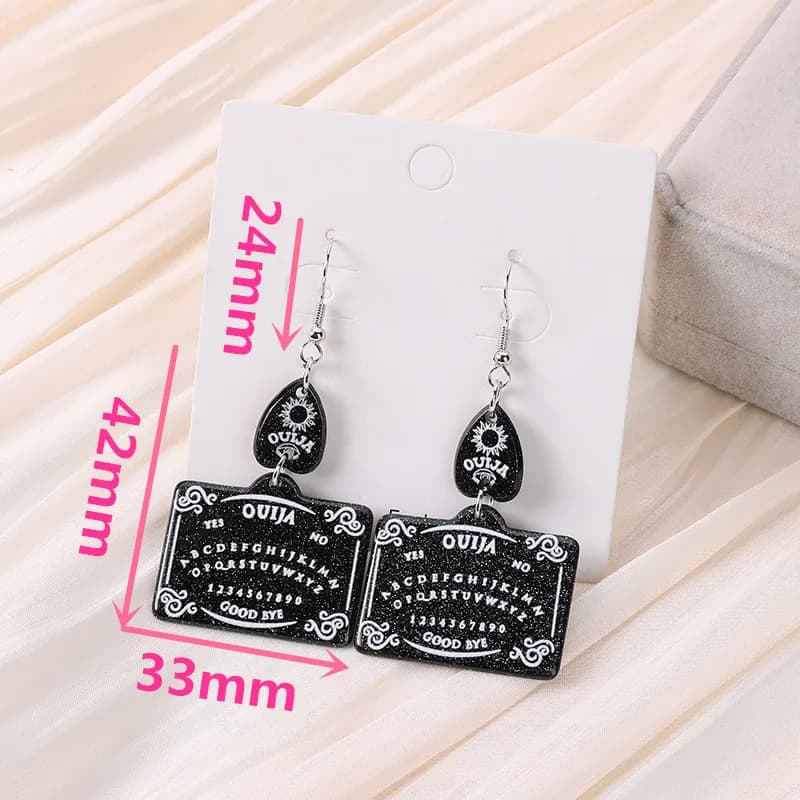 1 paio di orecchini pendenti Ouija Planchette con retro piatto in acrilico nero punk magico gioco di divinazione artigianato di gioielli