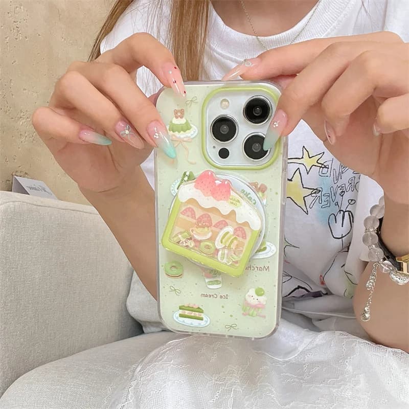 Custodia per telefono con supporto magnetico per torta Matcha carina per iPhone 15 Pro 16 13 14 Pro Max Cover posteriore con custodia per impugnatura Magsafe Funda
