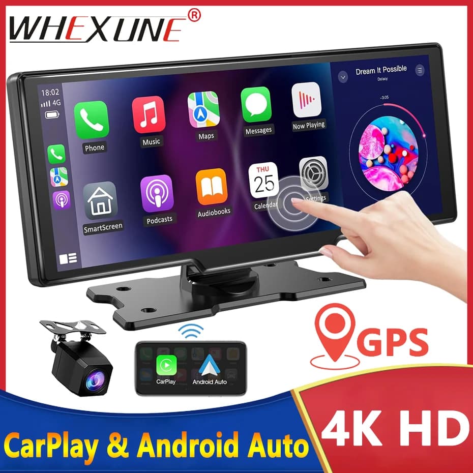 Dash Cam 10.26" with Rear Camera, Wifi, Carplay and Android Auto, DVR 4K, GPS Navigation, Video Recorder, AUX, Double Lenten, Monitoring Parking 24H