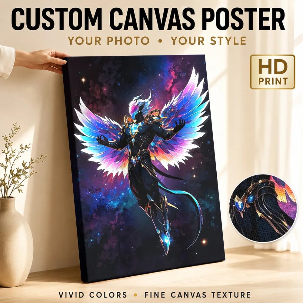 Cosmic Angel Warrior Framed Canvas Print Poster Custom Modern Pop Culture Wall Art for Game Room Decor Ready to Hang Home Gift