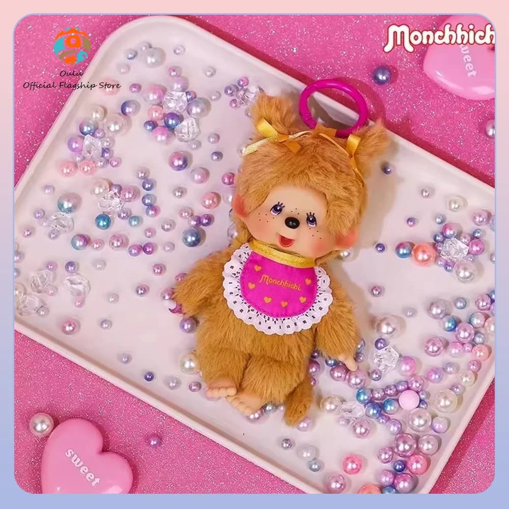Nuovo Originale Monchhichi Peluche Golden Retriever con Bandana a Cuore e Trecce, Bambola di Peluche Imbottita, Regalo Giocattolo Portachiavi