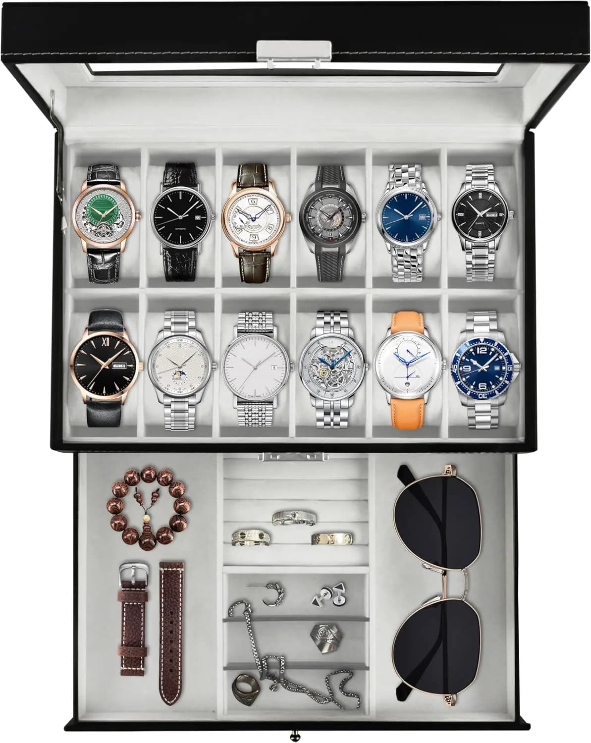 Box Clock Holder with 12 Switches Closed to Key and Glass Cover, 2 Level Jewelry Organizer for Men and Women (Black)