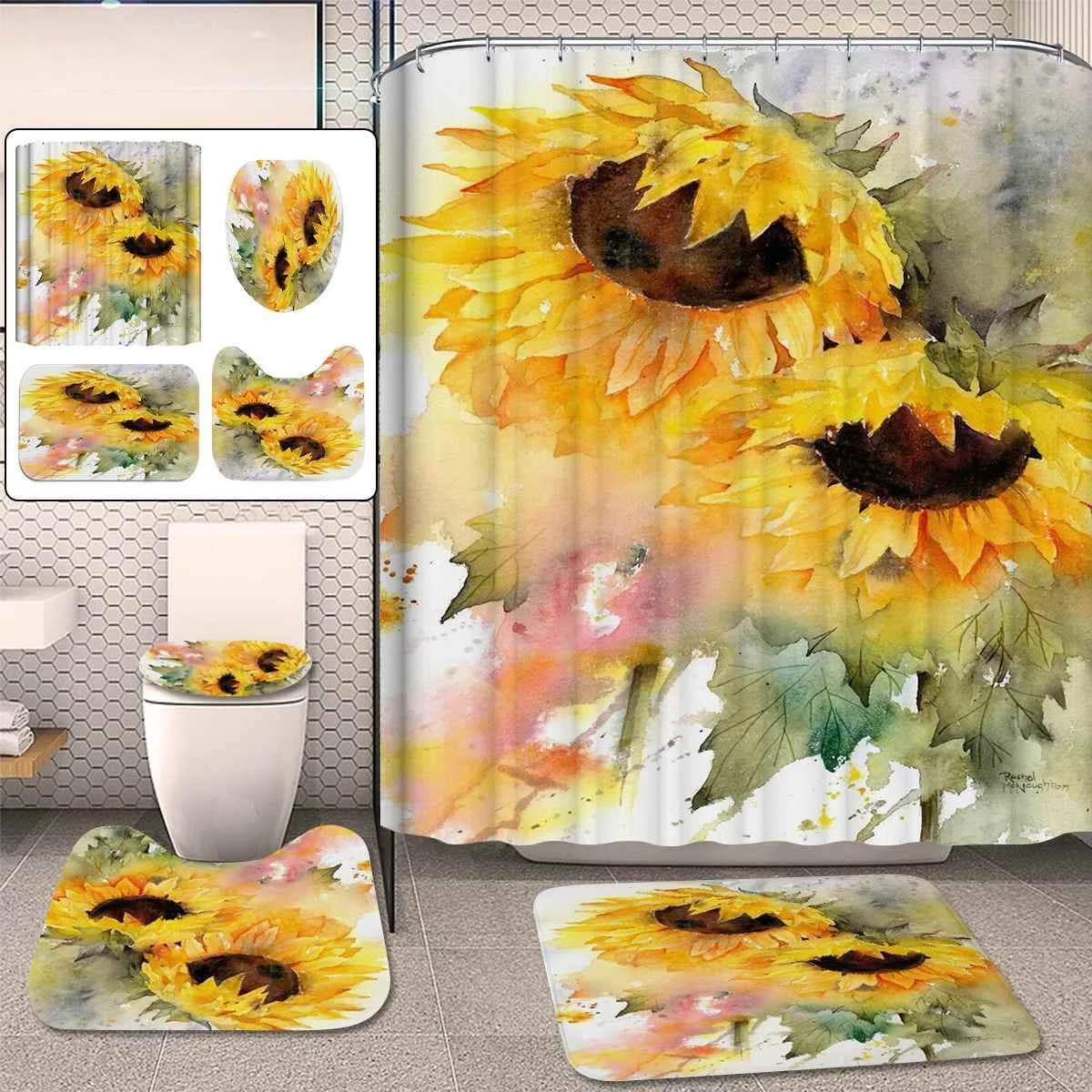 1/3/4 pieces sunflower bath set waterproof shower curtain coverwater home decor mats bath mats kit