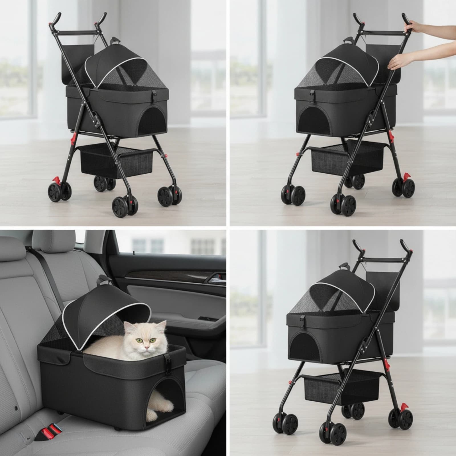 Pet Stroller with Detachable Carrier Ventilated Pet Stroller with Storage Basket Lightweight Breathable for Small Dogs