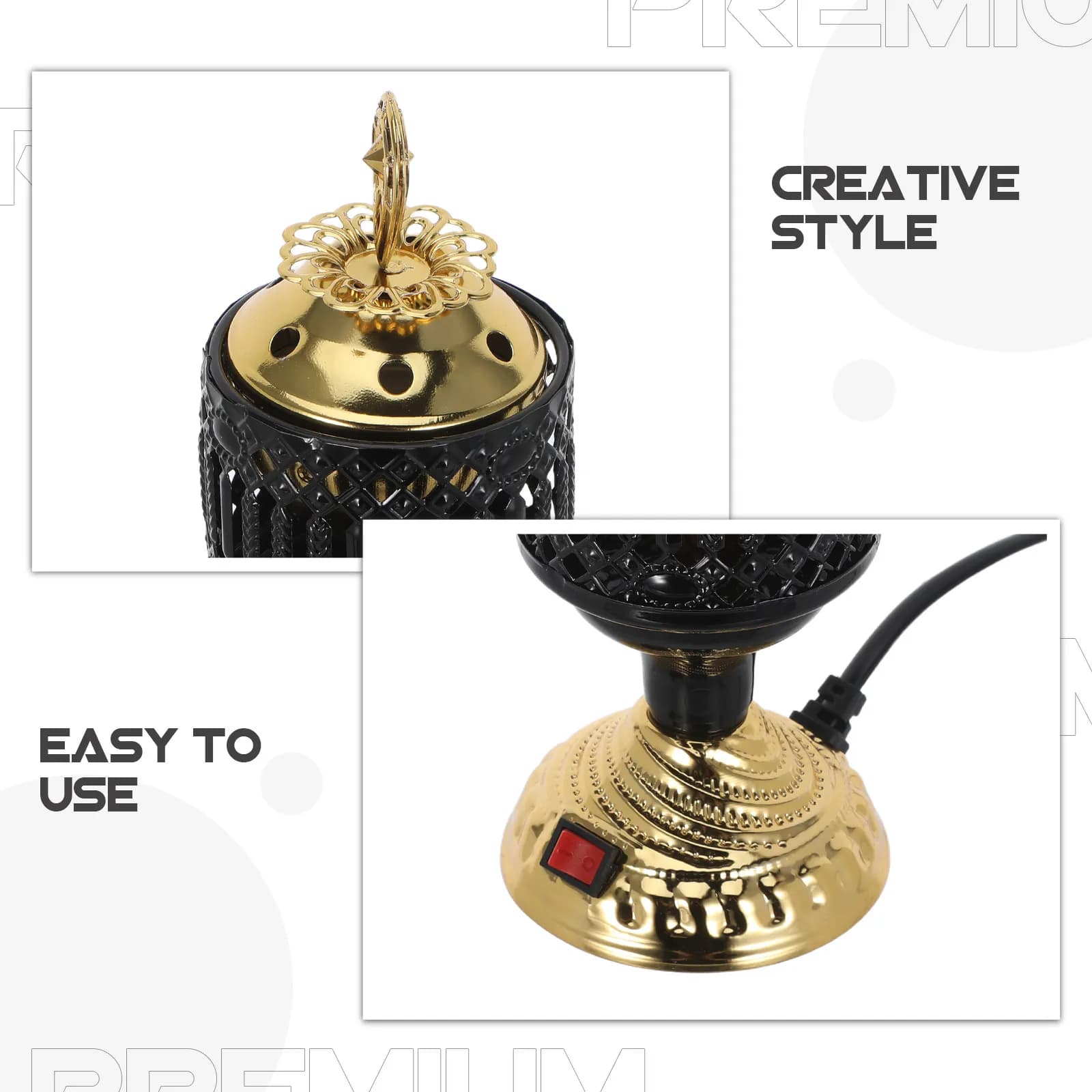 Bruciatore di incenso elettrico plug-in, piccolo diffusore di bakhoor in metallo con design arabo, senza carbone, per ufficio