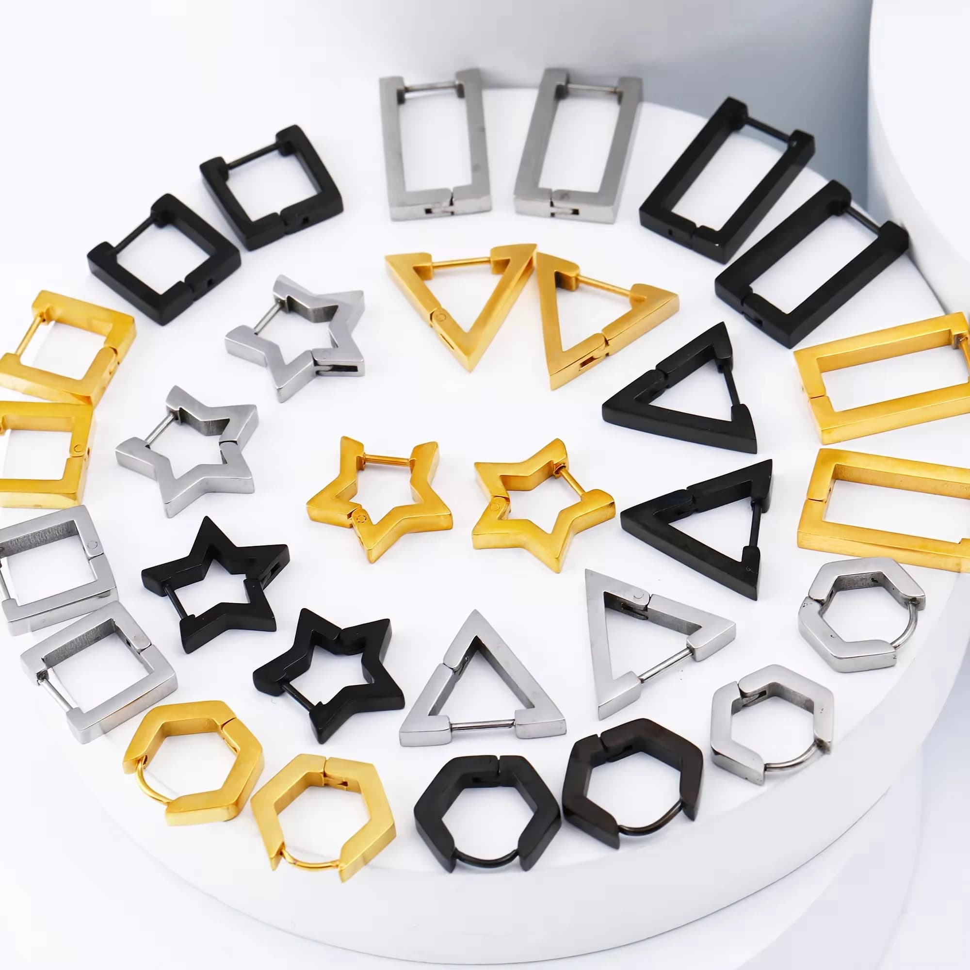 Waterproof Fashion Hip Hop Star Geometric Stainless Steel Hoop Earring Hypoallergenic Piercing Men Women Huggie Earrings