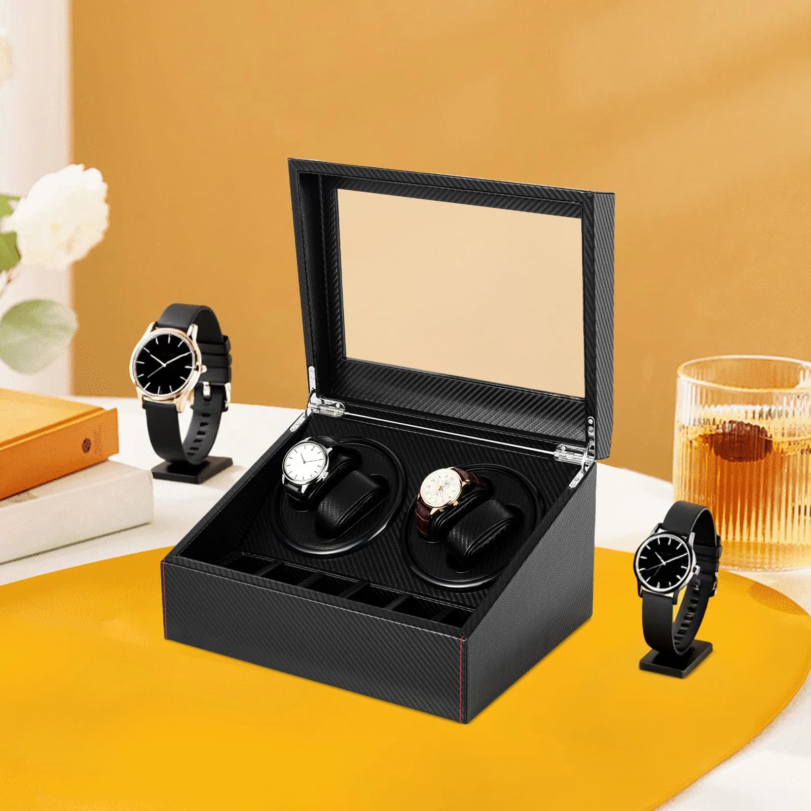 BYMAOCAR 4+6 Watch Winder, Luxury Automatic 2 Motor Watch Winder PU Leather Display Case Storage Super Quiet for Lady& Men