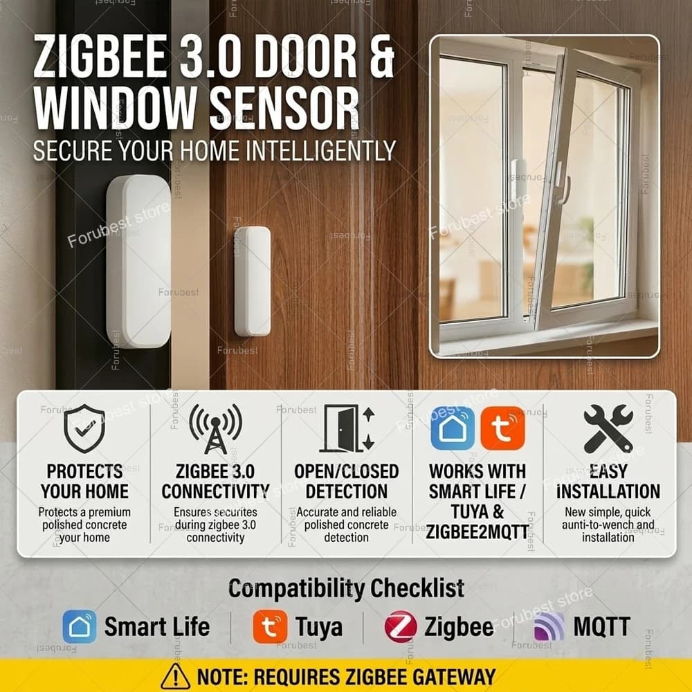 Sensore Intelligente Tuya Zigbee per Porte e Finestre, Rilevatore di Apertura/Chiusura, Allarme di Sicurezza Domestica, Compatibile con Home Assistant e Zigbee2MQTT