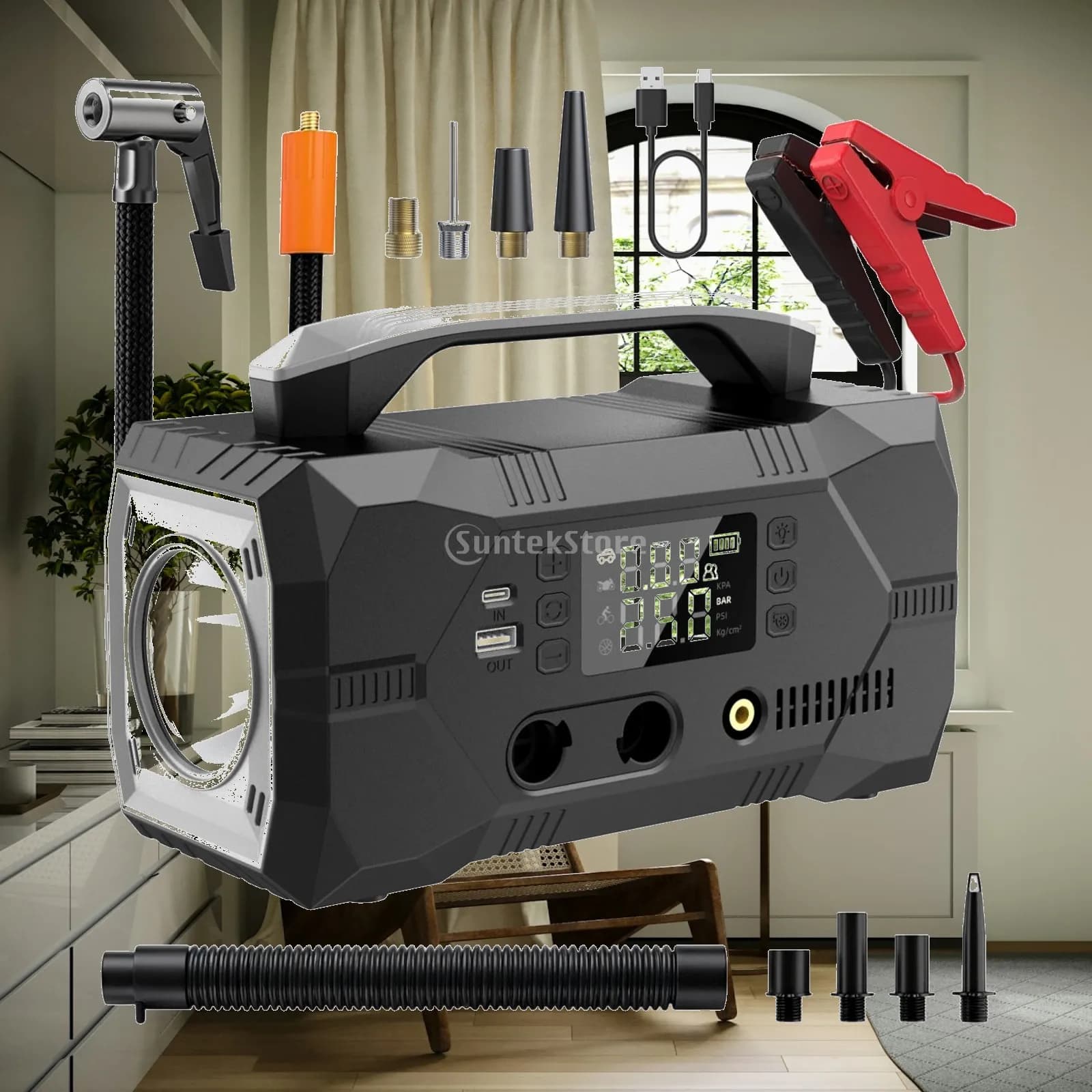 Jump Starter Device Car Portable Black Metal Multi-use Power Bank Compressor for Fast Charging Battery Emergency