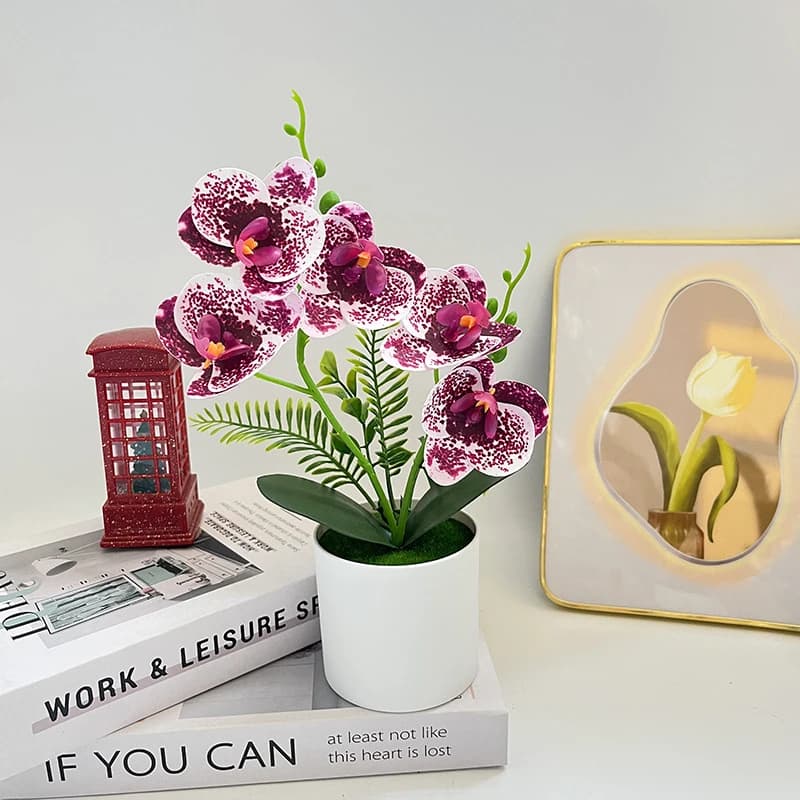 2 Forchette Decorative, 5 Orchidee a Farfalla Simulate, Vaso Rotondo, Fiori Artificiali, Piante in Vaso, Decorazione per Soggiorno