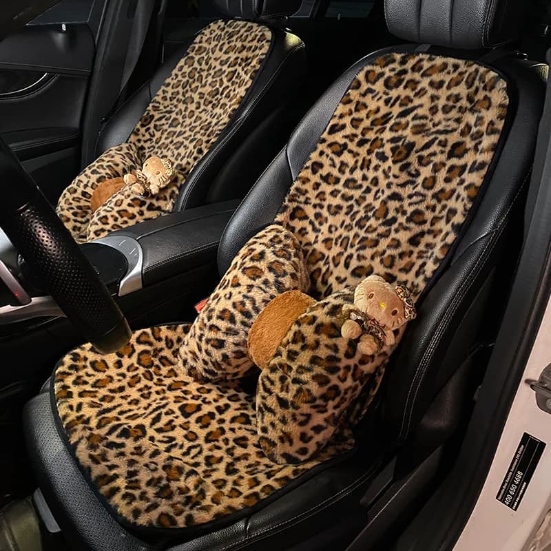 Cuscino per Sedile Auto Invernale in Peluche con Stampa Leopardata, Cuscino per Poggiatesta e Supporto Lombare a Forma di Gatto per Donne