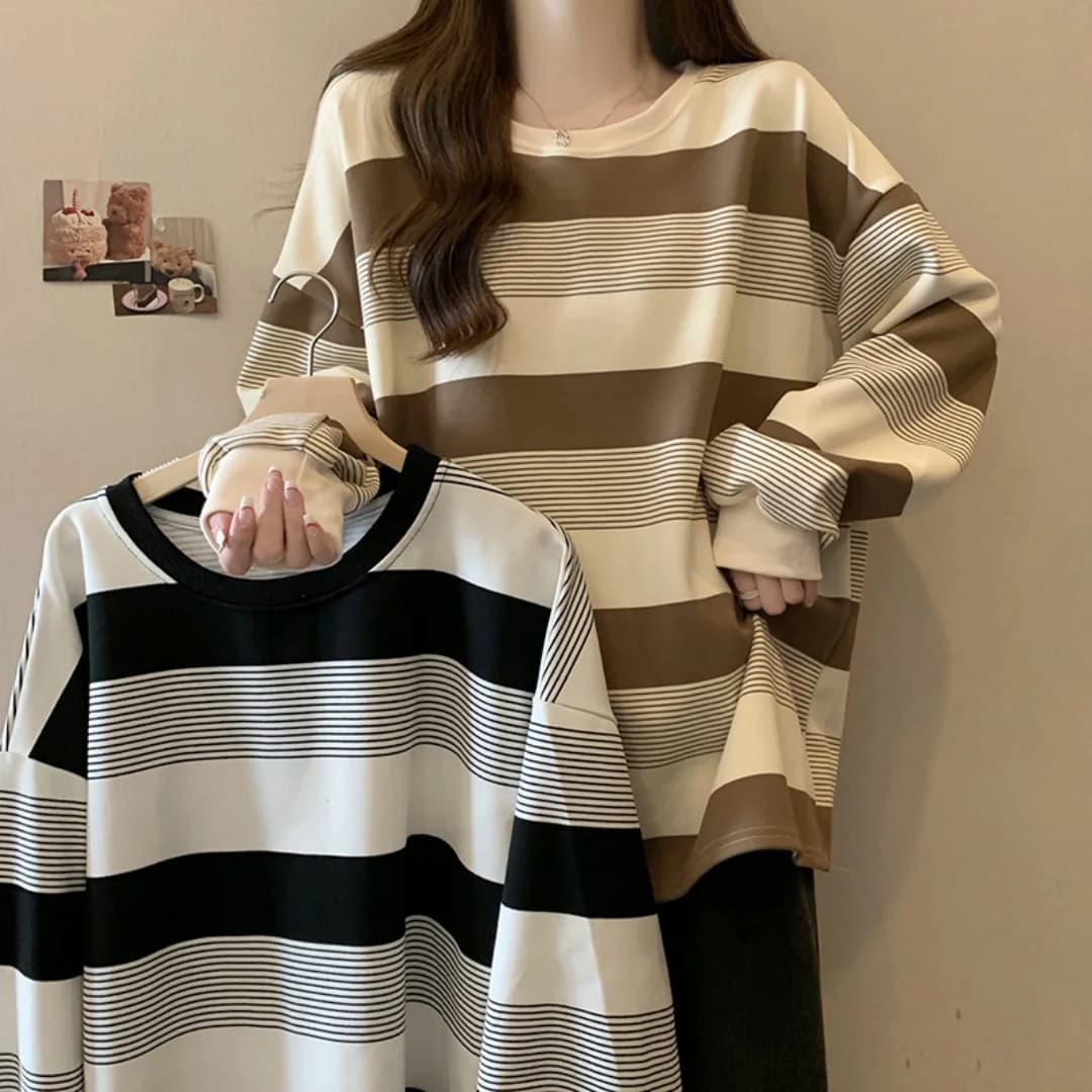 Oversize Retro Striped Long Sleeve T-shirt Casual Loose Top Autumn Women Clothing Trend Sweatshirt Student All-match Streetwear