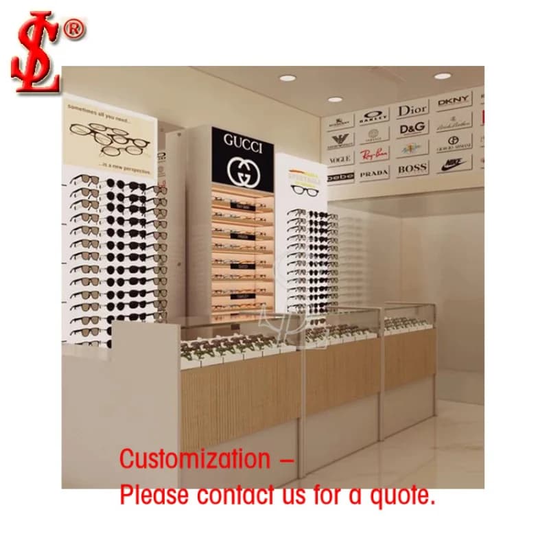 Espositore da parete per occhiali da sole, scaffale per negozio di ottica, vetrina per negozio di occhiali.