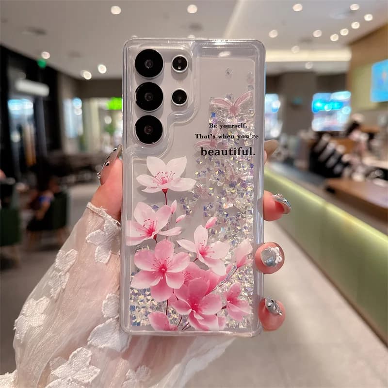 Custodia Glitterata con Strass e Sabbie Mobili per Samsung S23 S24 S25 S26 Ultra, Cover in Silicone Trasparente con Fiori e Sabbia Liquida Dinamica