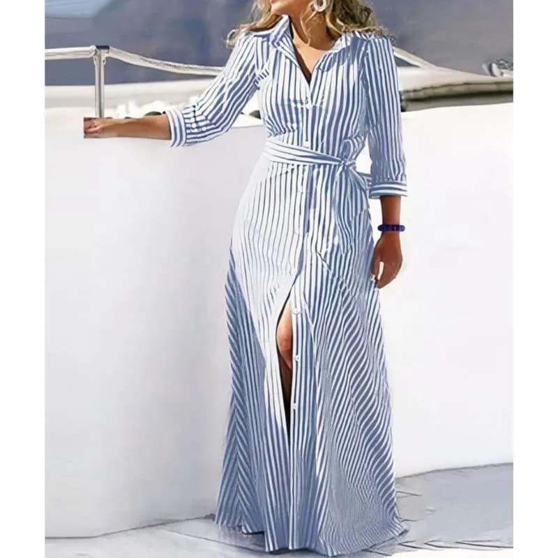 2024 Primavera di Nuovo Modo A Maniche Lunghe Stampa Lace-Up Camicia Abito Per Le Donne Gira Imbottiture Collare Monopetto Maxi Vestito Femme Robe