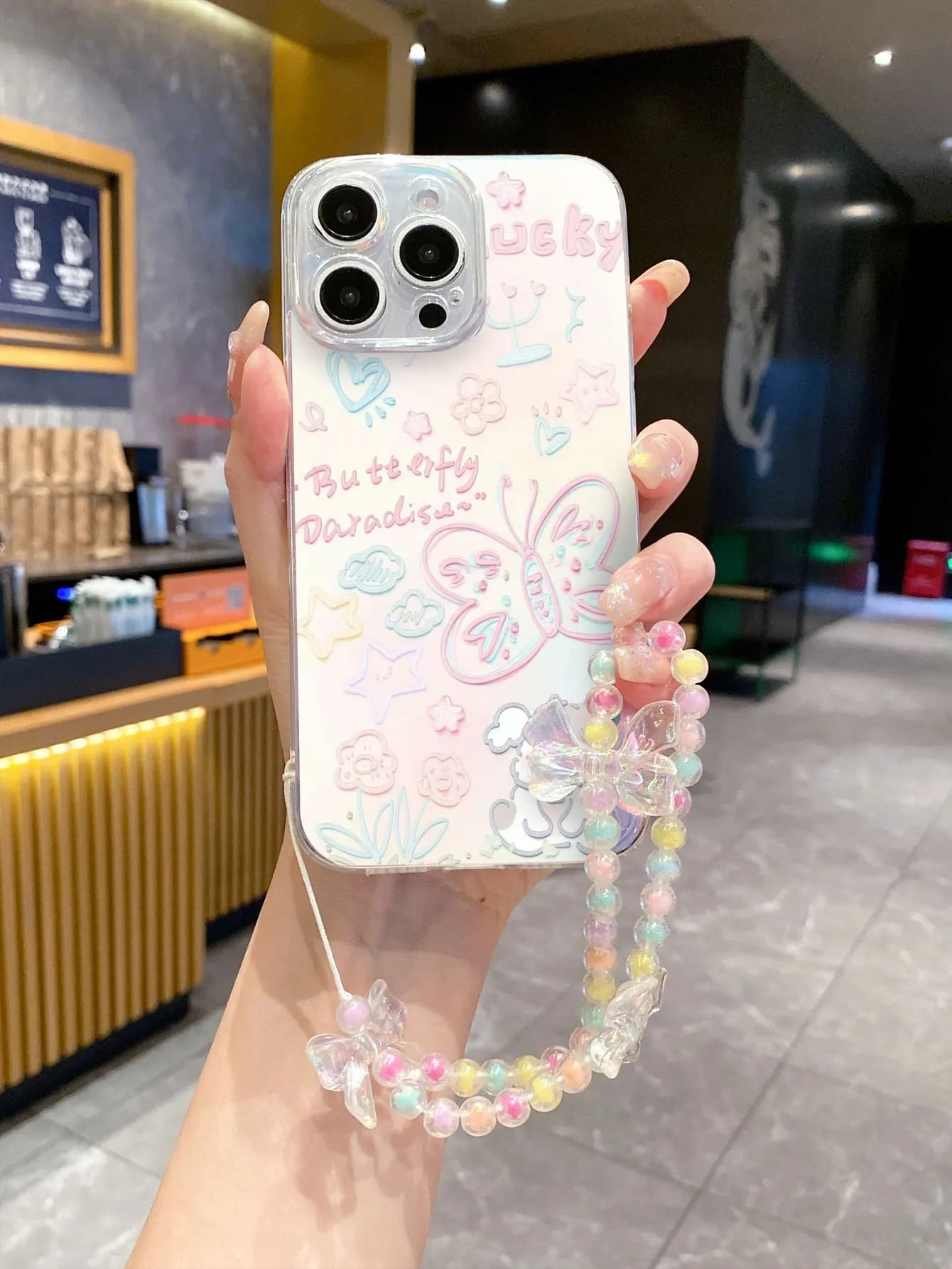 Colorful Transparent Cover with Bead Bracelet for iPhone 17 16 15 14 Plus 13 12 11 Pro Max XR X S 7 8 SE