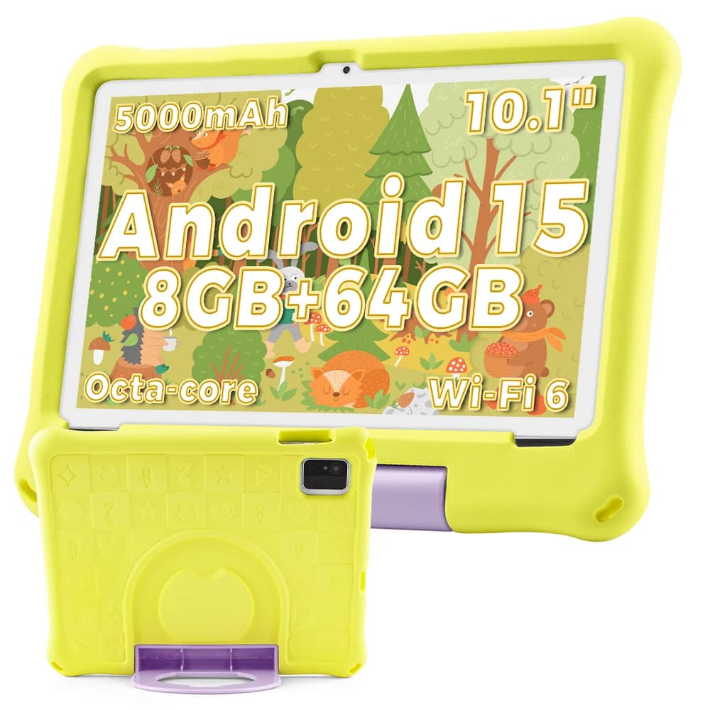 Tablet ANRY per Bambini 10.1 Pollici Android 15 8+64GB Octa-core WiFi 6 5000mAh Doppia Fotocamera Protezione Occhi Modalità Bambini con Custodia e Supporto