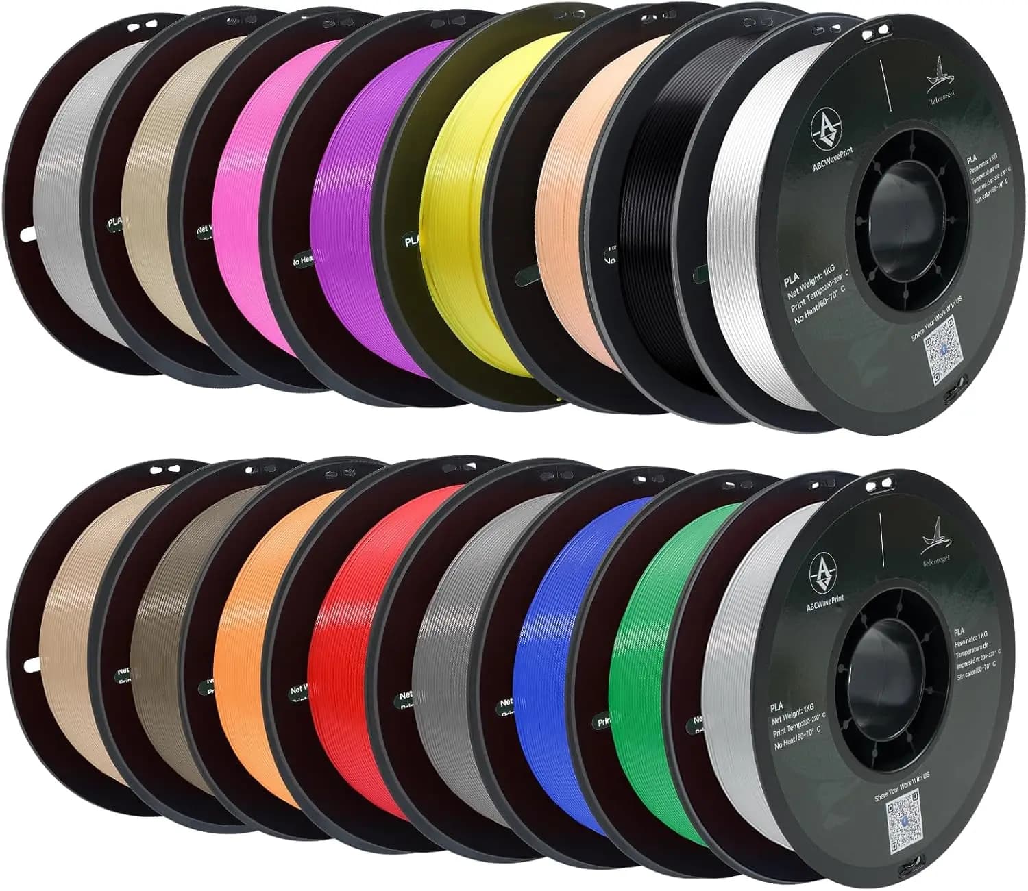 Pacco di filamenti per stampante 3D in PLA, precisione dimensionale +/- 0,02 mm, 16 bobine da 1 kg (35,2 libbre), 1,75 mm, Nero Bianco Grigio Rosso Verde B