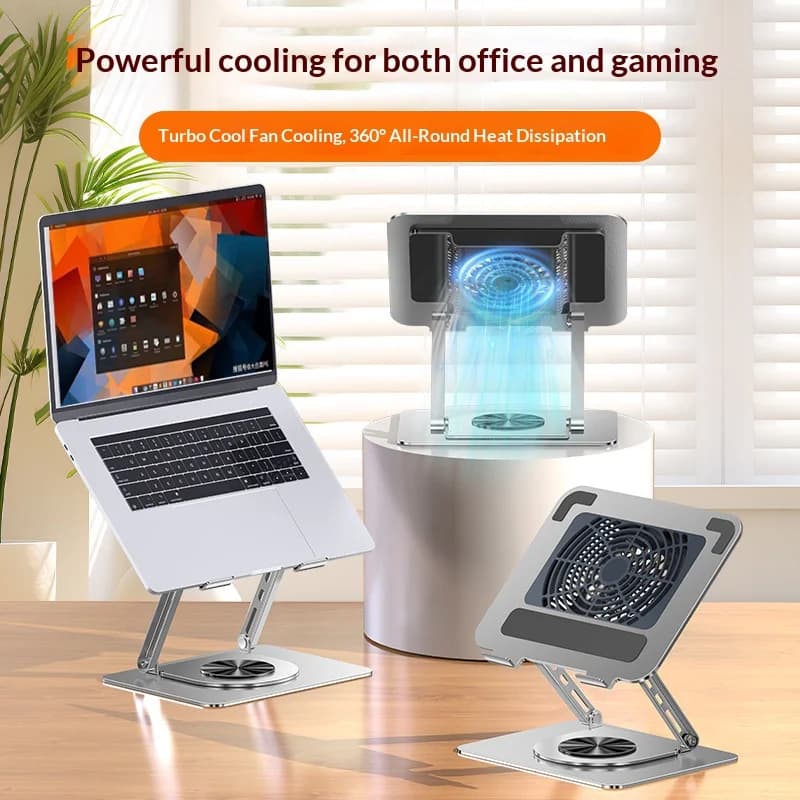 360 ° Supporto Raffreddante Rotante per Laptop con Ventola Turbo, Silicone Antiscivolo e Asta Ammortizzante ad Arco, Supporto Durevole in Acciaio al Carbonio per Laptop da 12-17.3 Pollici
