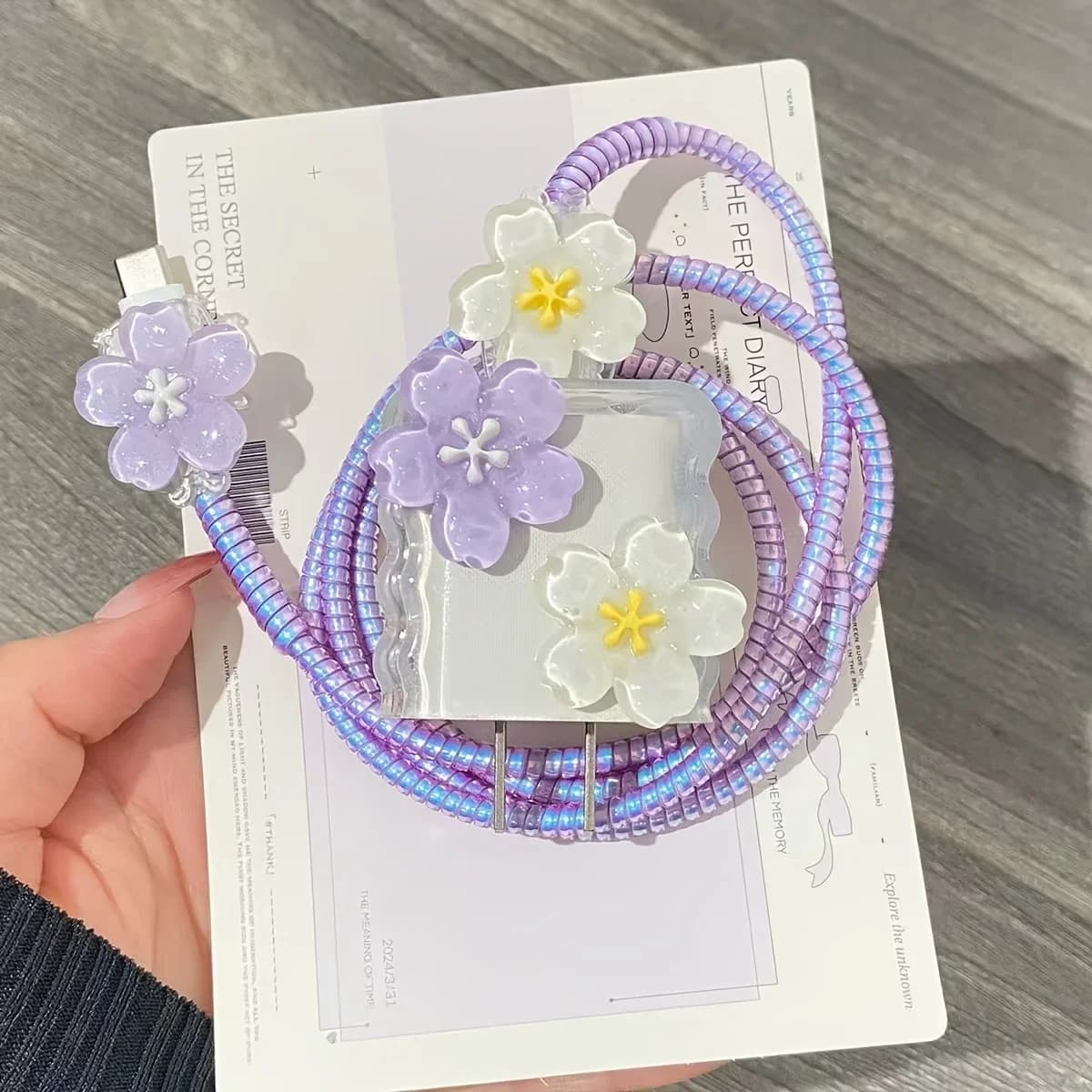 Fresh Gradient Charger Protector Set, Double-Layer 20W Charger Sleeve, Light Blue Electroplated Cable Protector with Cable Tie