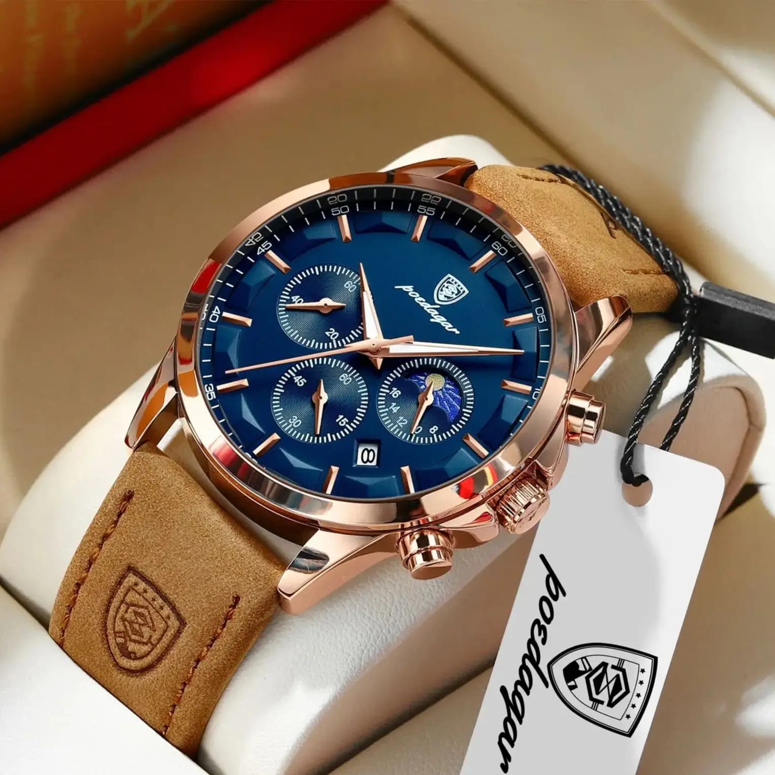 POEDAGAR Orologio sportivo da uomo di lusso Cronografo impermeabile luminoso Data Orologio da polso da uomo Orologio da uomo d'affari al quarzo in pelle Reloj