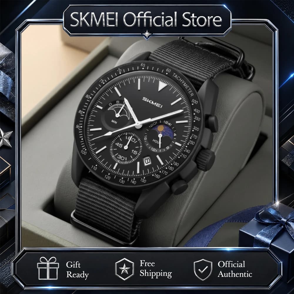 SKMEI 9392 Orologio da Polso da Uomo al Quarzo, Impermeabile 3 Bar, Cinturino in Nylon, Conto alla Rovescia, Quadranti Multipli, Motivo Sole e Luna, Regolabile