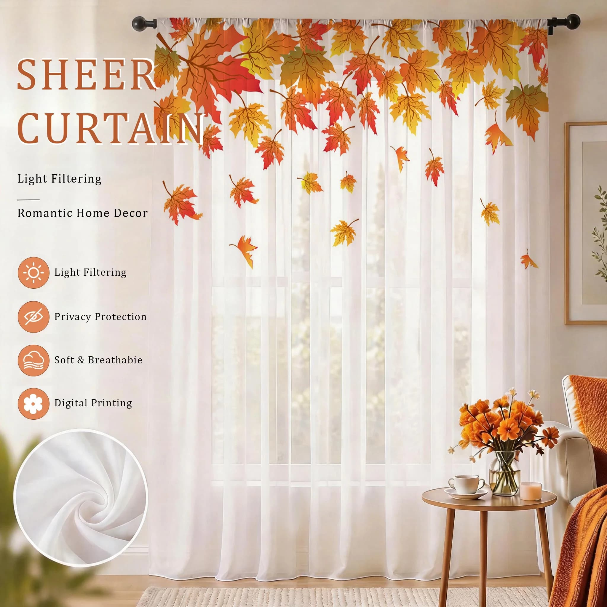 Maple leaf Modern Gradient Sheer Curtain, Good Quality Light Reducing Luxurious Privacy Voile for Living/Bedroom/Kids Room, Gift
