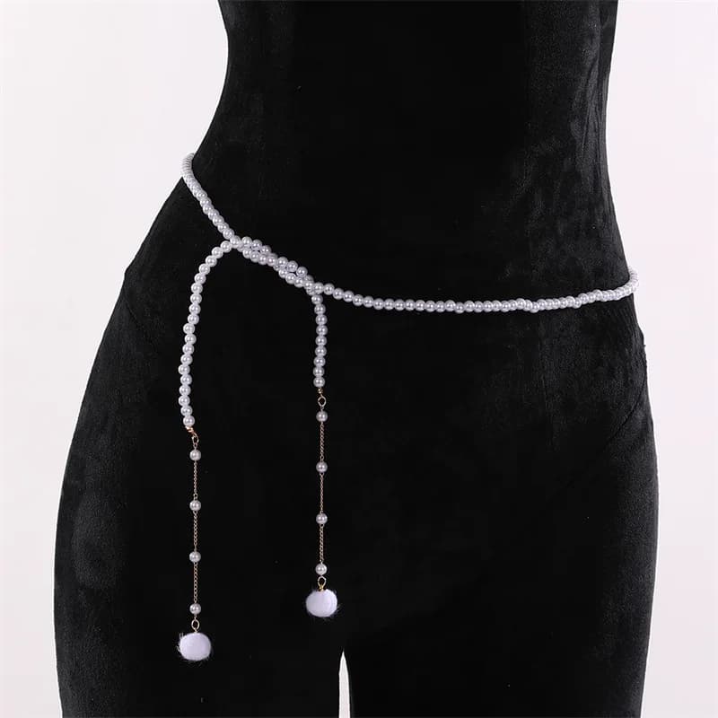 1 pezzo di nuova catena con frange di perle finte e pompon: versatile come cintura per maglione o catena per la vita per abbinare all'abbigliamento.
