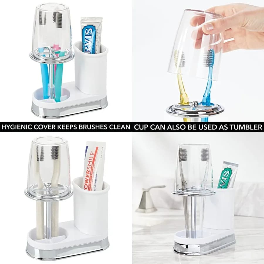 Portaspazzolino e Portadentifricio in Plastica con Tazza/Coperchio - Organizzatore per il Piano del Bagno - Contiene Dentifricio, Filo Interdentale, Accessori - Collezione Hyde - Bianco/Cromato