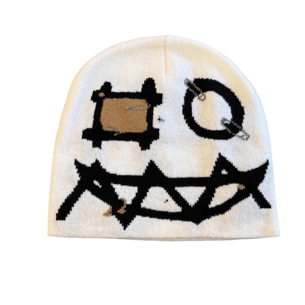 Printed Pattern Printed Pin Beanie Winter Warmth Acrylic Yarn Ghost Mask Cap High Elasticity Flat Design Demon Face Hat