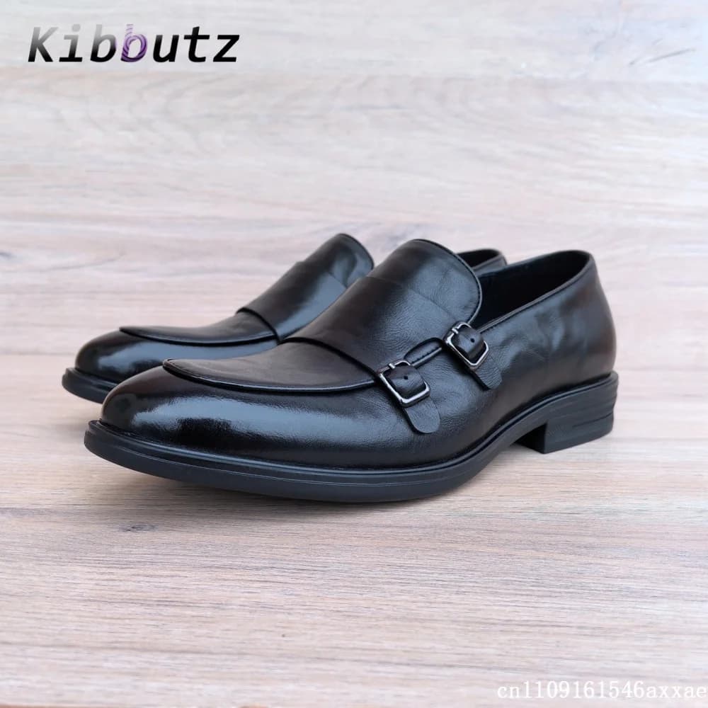 Street Style Men Low-Top Double Monk Strap Loafers Black Slip On Low Block Heel Shoes Trendy Business Daily Formal Dress Shoes