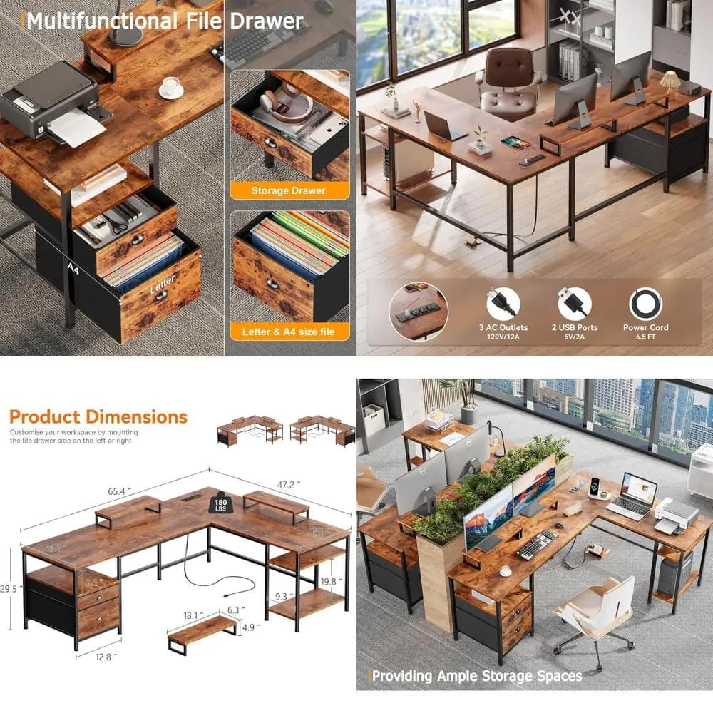 Rustic Brown L-Shaped Desk with Power Outlet, Reversible Office Desk, 2 Monitor Stands, Storage Shelves, Ideal for Home or Gamin