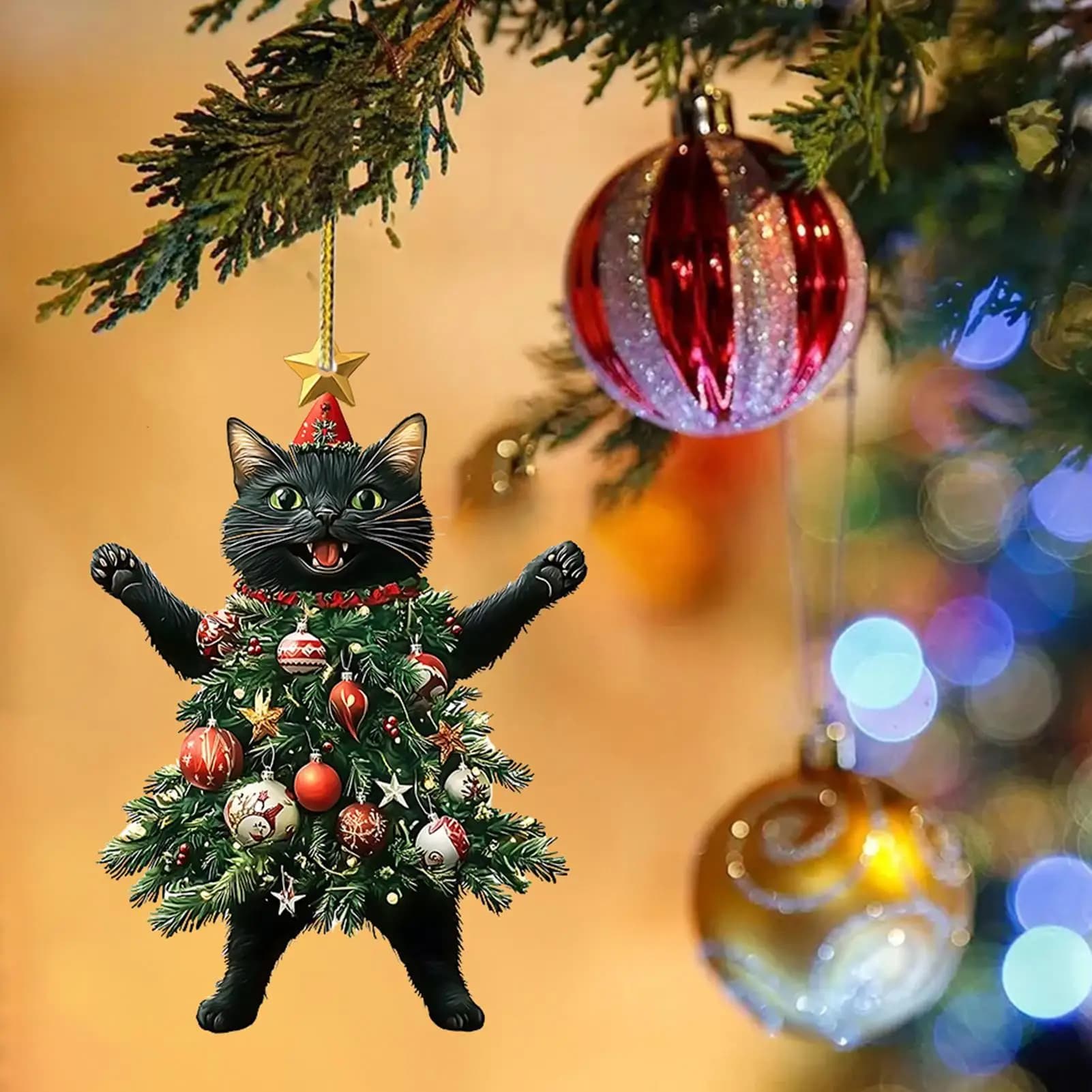 Ornamenti per l'albero di Natale del gatto Piatto acrilico Albero delle vacanze Costume Ciondolo per gattino Ciondolo retrovisore per auto Decorazione per auto e borsa Gatto