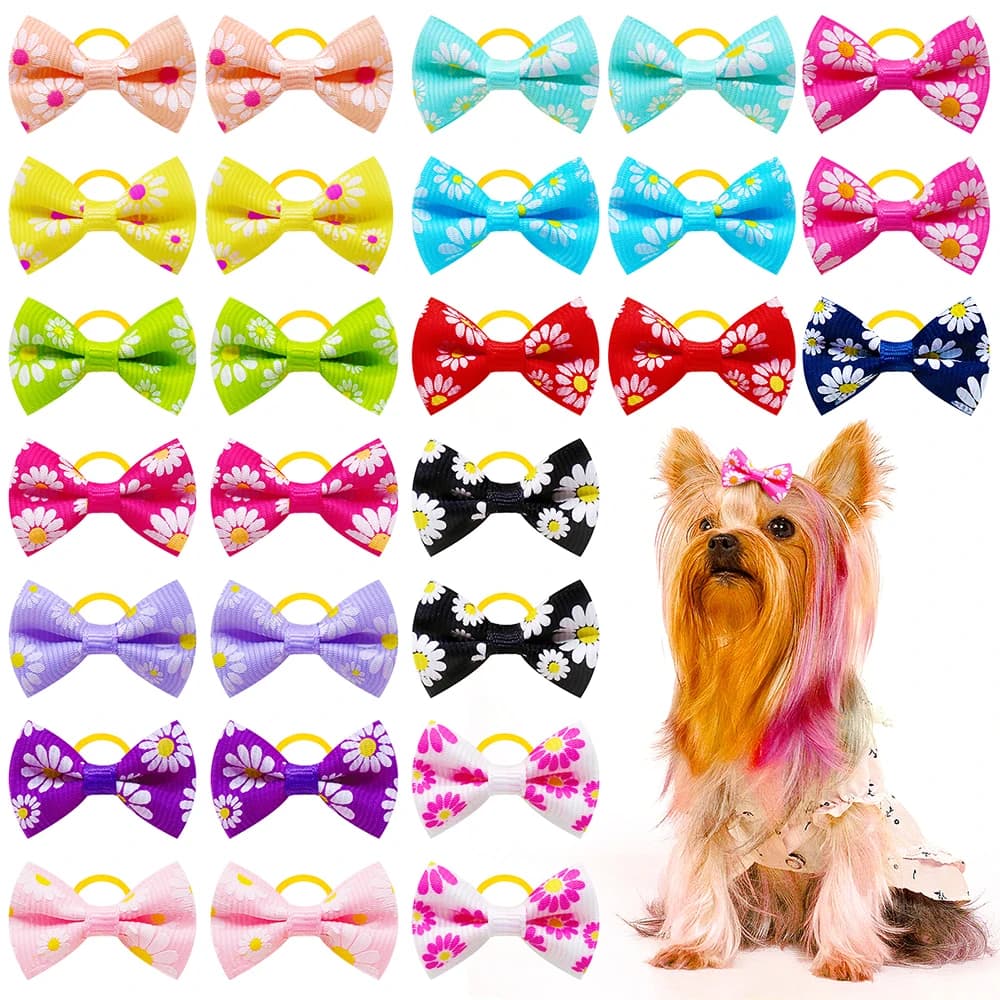 40 pezzi di fiocchi per peli di cani di piccola taglia con stampa floreale Bowknot per peli di gatto con elastici Prodotti per toelettatura per animali domestici per forniture per cani di piccola taglia
