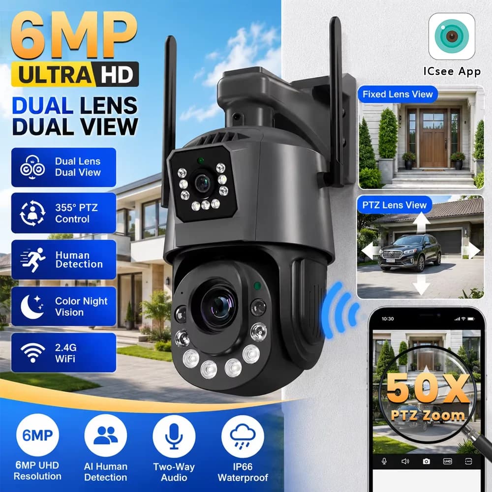 6MP Dual Lens WiFi PTZ Security Camera Dual View Outdoor Surveillance Cam With Human Detection Color Night Vision Two-Way Audio 2.4G WiFi IP66 Waterproof For Home Security ICsee&Xmeye App