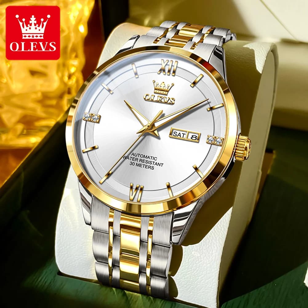 OLEVS 7061 Orologio da uomo Doppio calendario Orologio meccanico da uomo Orologio da polso di lusso impermeabile con specchio ad alta durezza in acciaio inossidabile