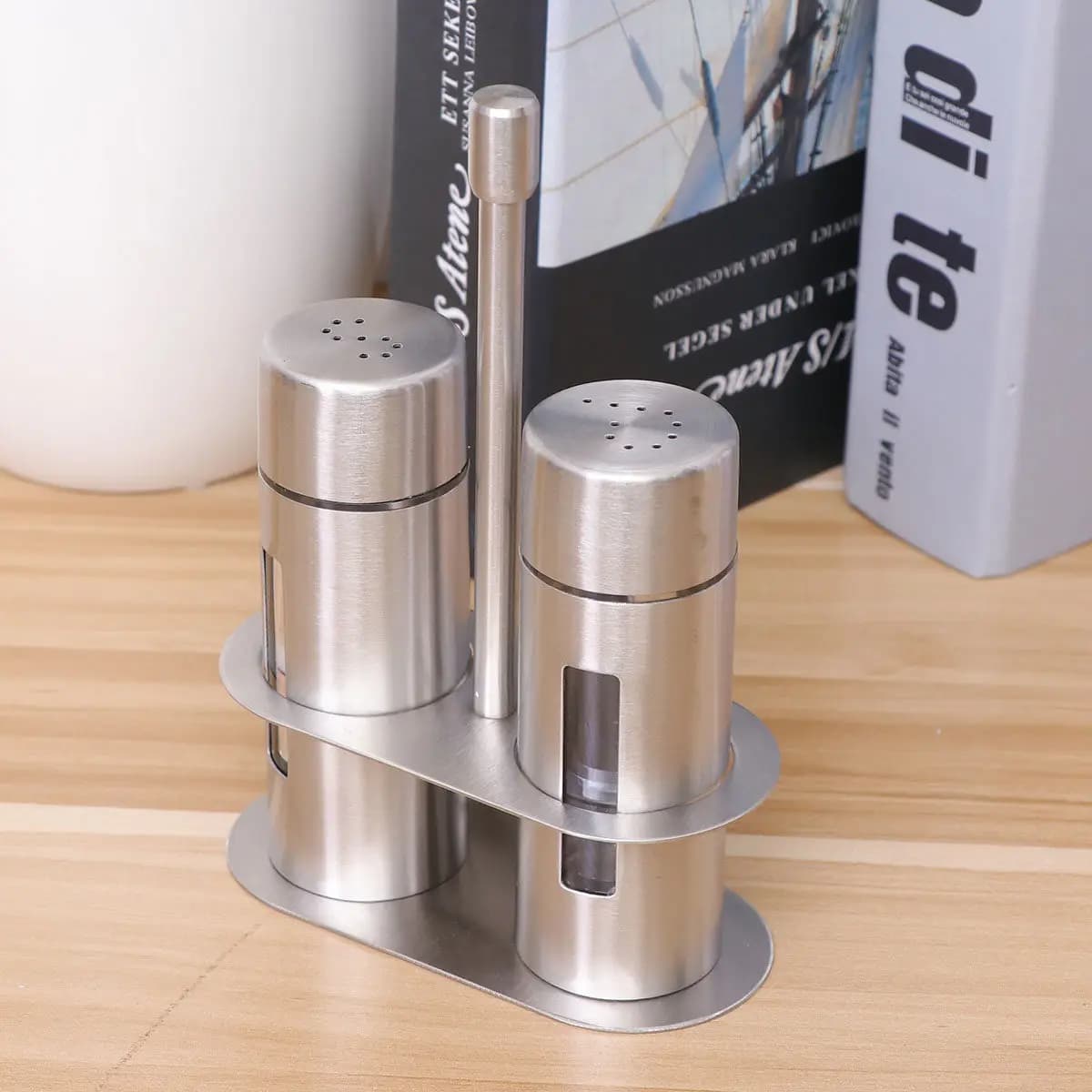 Set di 2 Barattoli per Spezie in Acciaio Inox, Contenitori per Sale e Pepe, Organizzatore da Cucina con Finestra in Acrilico per Cucinare, Barbecue e Picnic