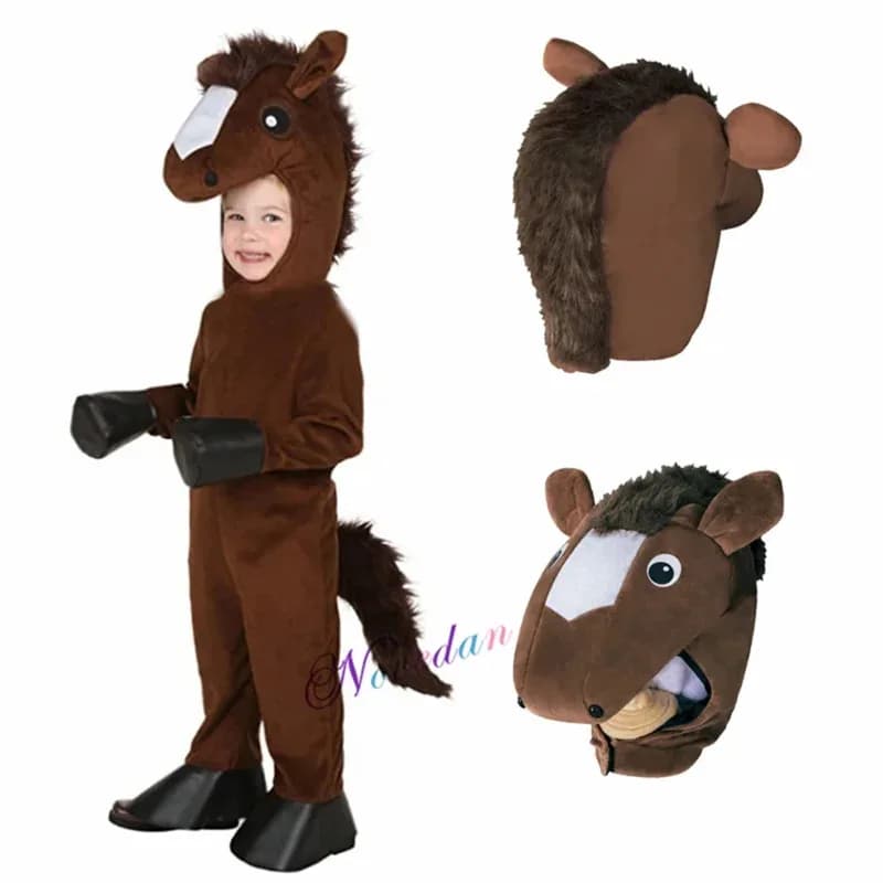 2025 Halloween Cosplay Bambini Maschera di cavallo marrone Costume Outfit Ragazze Ragazzi Gioco di ruolo per feste Vestire Tuta Bambino Animali di Halloween