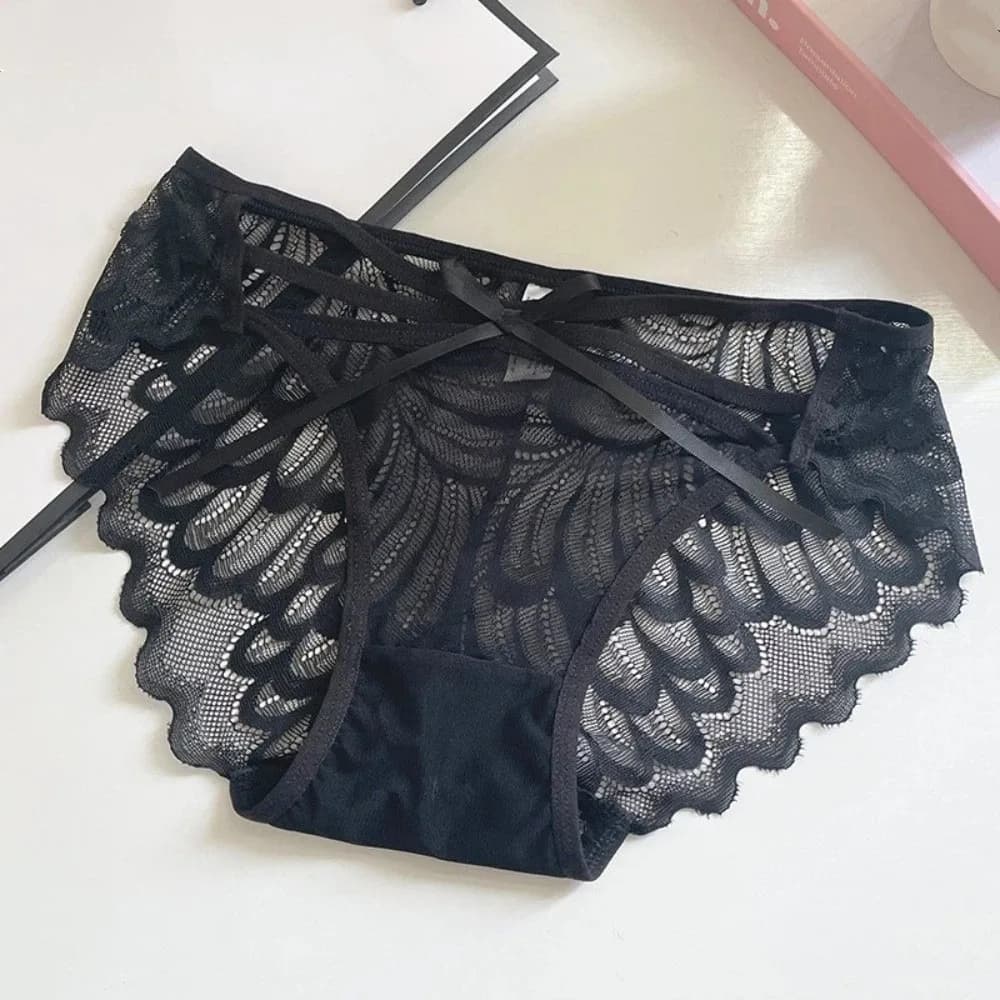 Sweet Low Waist Lace Panties Bow Transparent Mesh Flower Briefs Thin Strap Cotton Crotch Lace Thin Underwear Female