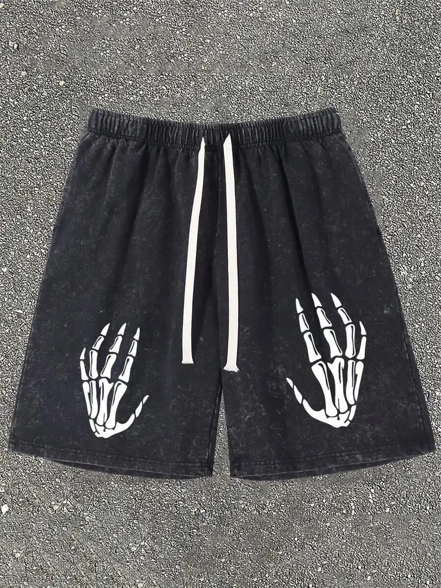 Mens Black Vintage Washed Cotton Shorts With Skeleton Hand Print Elastic Waist Drawstring Casual Streetwear