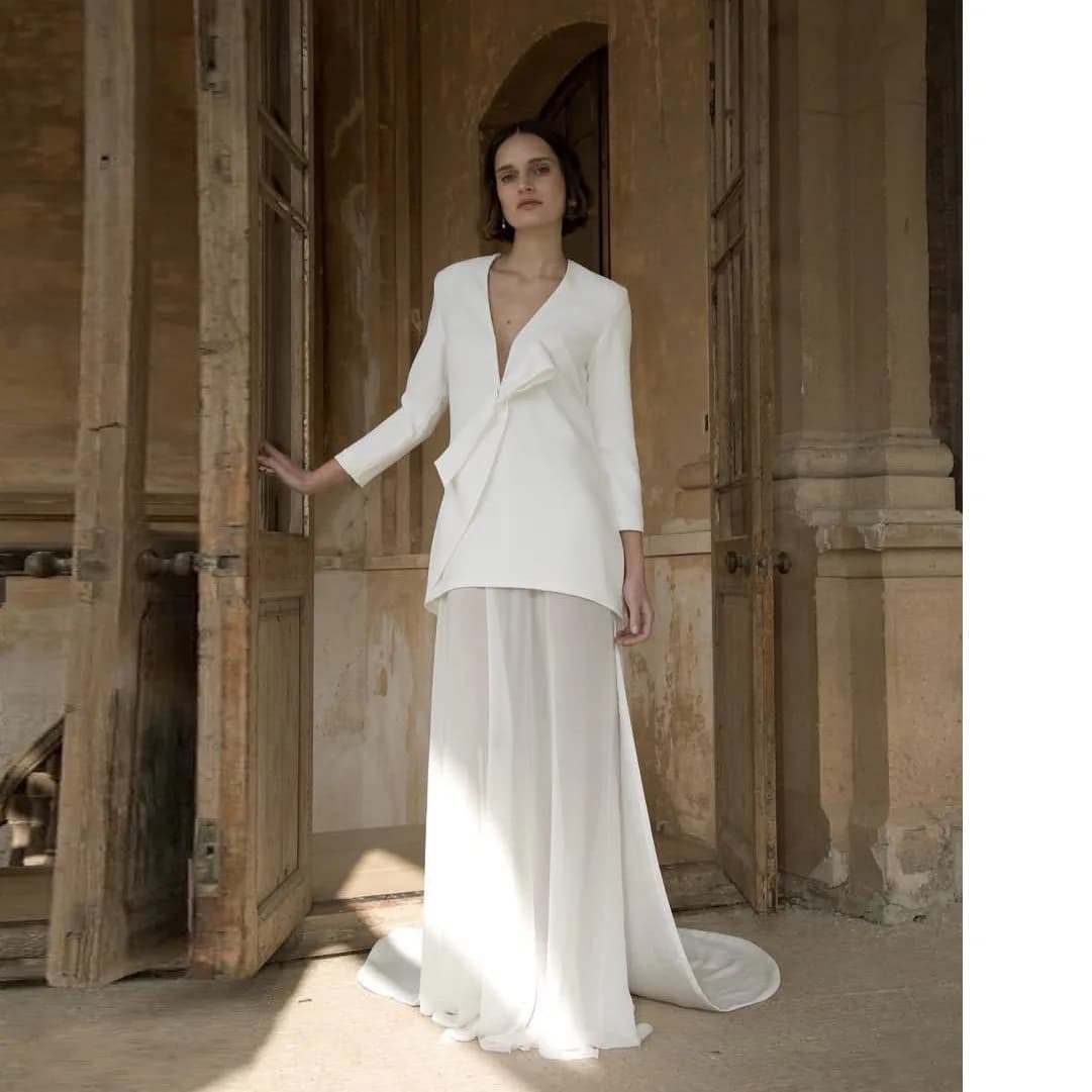 Nuovi Abiti da Sposa Couture, Abiti da Ballo Trasparenti con Maniche Lunghe e Strascico, Abito da Festa su Misura a Trapezio con Fiocco per Fotografia