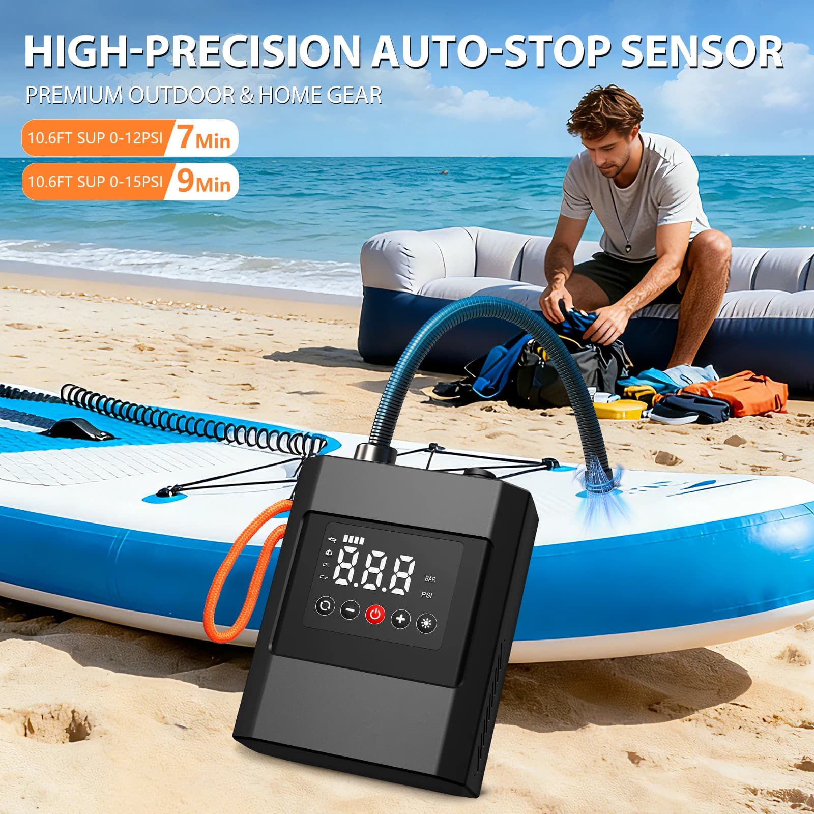 Pompa Elettrica SUP 20PSI con Batteria e Doppia Alimentazione DC, Compressore d'Aria Portatile per Paddle Board, Kayak, Barca, Tenda Gonfiabile