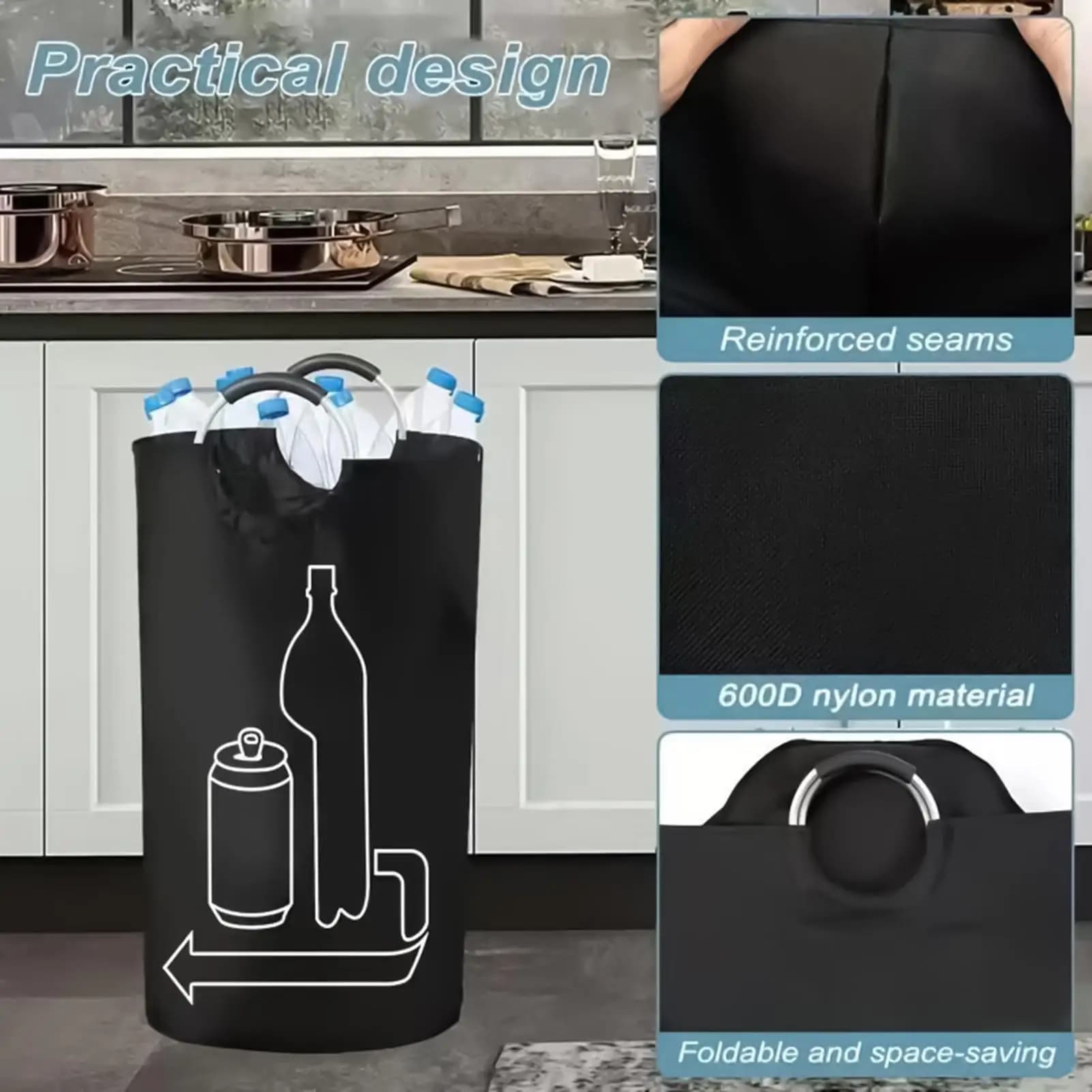 Large Capacity Empty Bottle Storage Basket with Aluminum Handle Folding Wastewater Bottle Collector Bag Recycling Bin