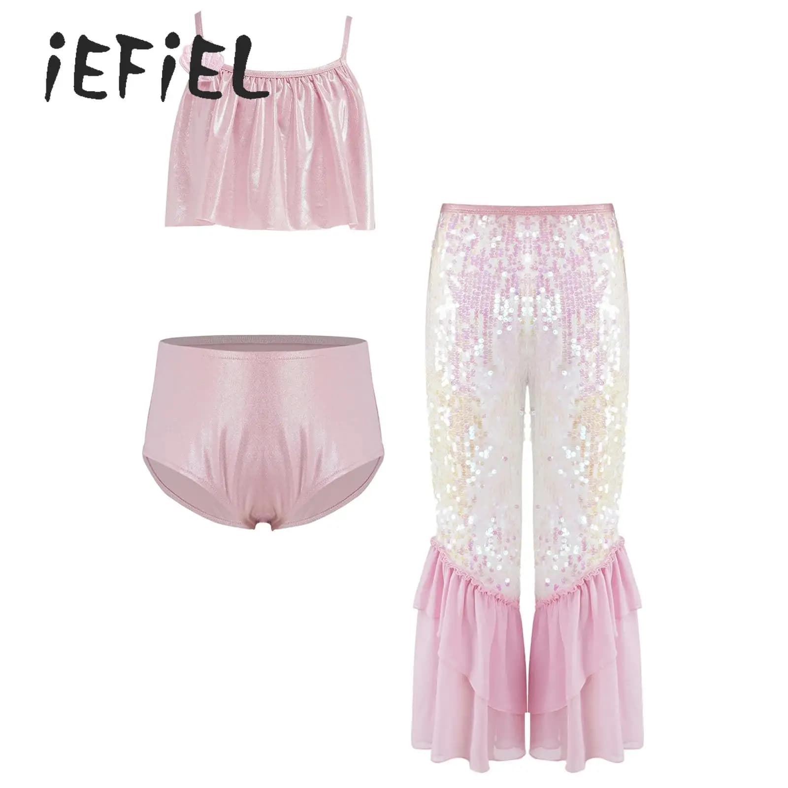 Set costume da bagno a 3 pezzi per ragazze, top senza maniche con volant, slip e pantaloni lunghi con paillettes e volant a campana, costumi da bagno da spiaggia